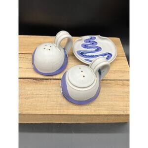 VINTAGE AMALIA ICHTHYS ART STUDIO POTTERY Salt And Pepper Shakers W/ Spoon Rest